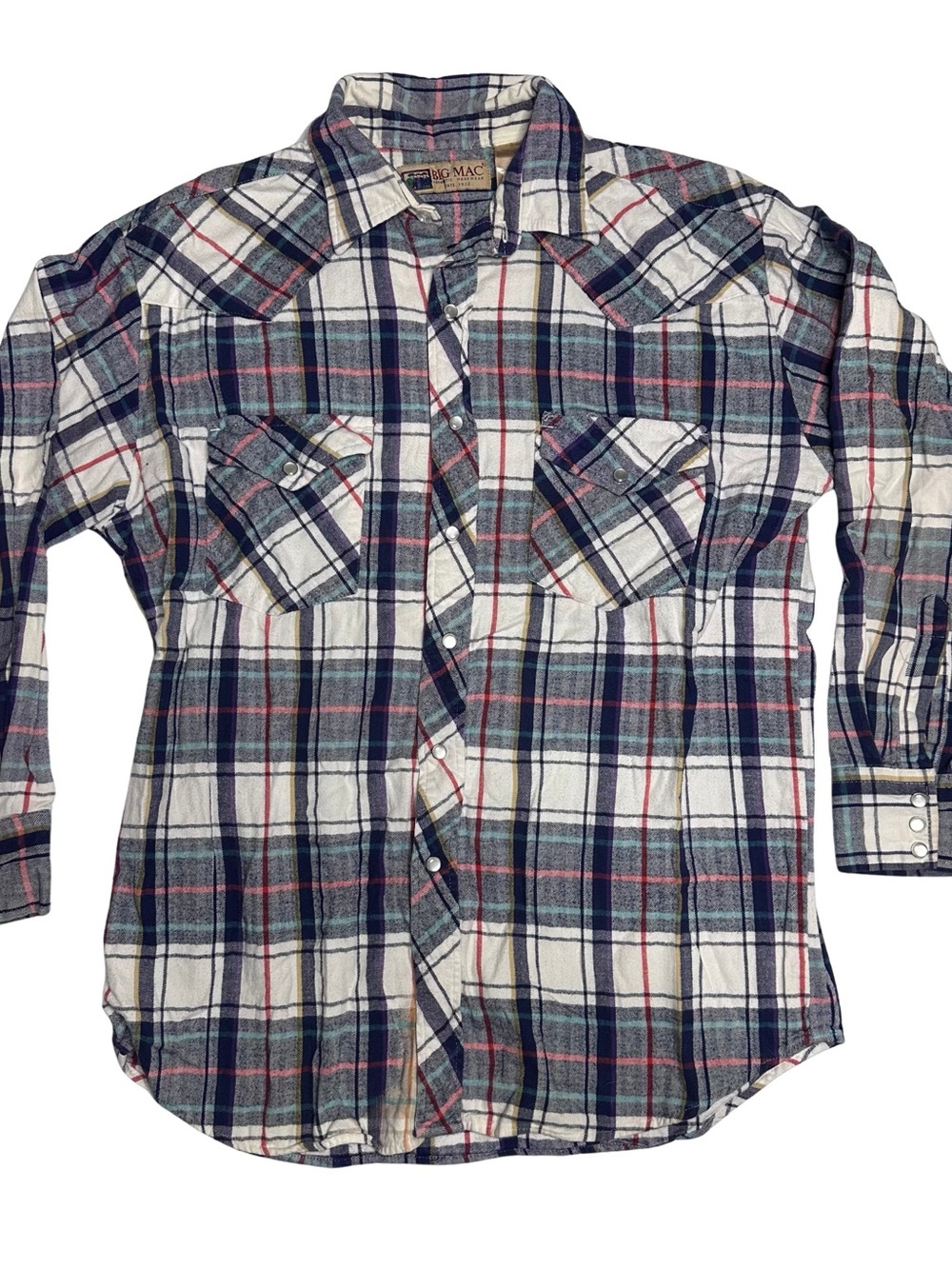Big MAC Men's Plaid Button-Down Shirt in White, Navy & Red